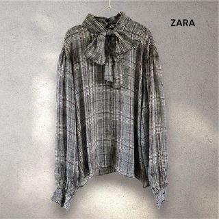 ザラ(ZARA)のZARA グレンチェック シアー ボウタイ ブラウス XS タイカラー グレー(シャツ/ブラウス(長袖/七分))