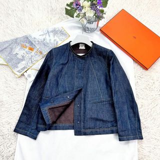 エルメス(Hermes)の★HERMES★美品★レザーネック★コットンリネン★ステッチ★ブルゾン(ノーカラージャケット)