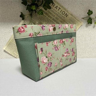 バッグインバッグ◆ピンクのミニ薔薇&アンティークグリーンの帆布◆ハンドメイド(その他)