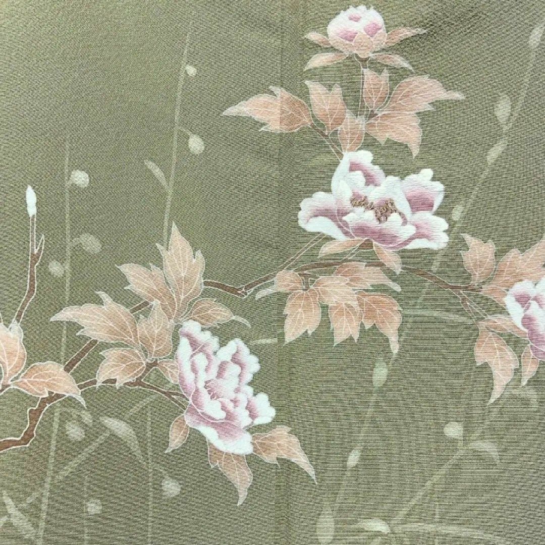 訪問着 刺繍 椿 桜 カーキグリーン系 着物 042w d