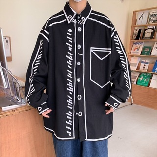 【新品】　個性的　デザインシャツ　長袖　ストリート　大きめ　L　ブラック(シャツ)