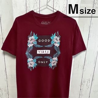 USA古着　Tシャツ　M　ワインレッド　ボルドー　赤　花柄　プリント　コットン(Tシャツ/カットソー(半袖/袖なし))