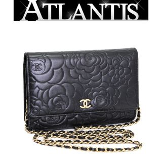 シャネル(CHANEL)のシャネル CHANEL マトラッセ チェーンウォレット カメリア ラムスキン 黒 G金具 【65095】(財布)