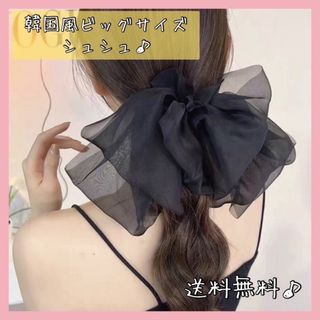 【大人気商品】黒　シュシュ　りぼん　ビッグサイズ　髪飾り　韓国(ヘアゴム/シュシュ)