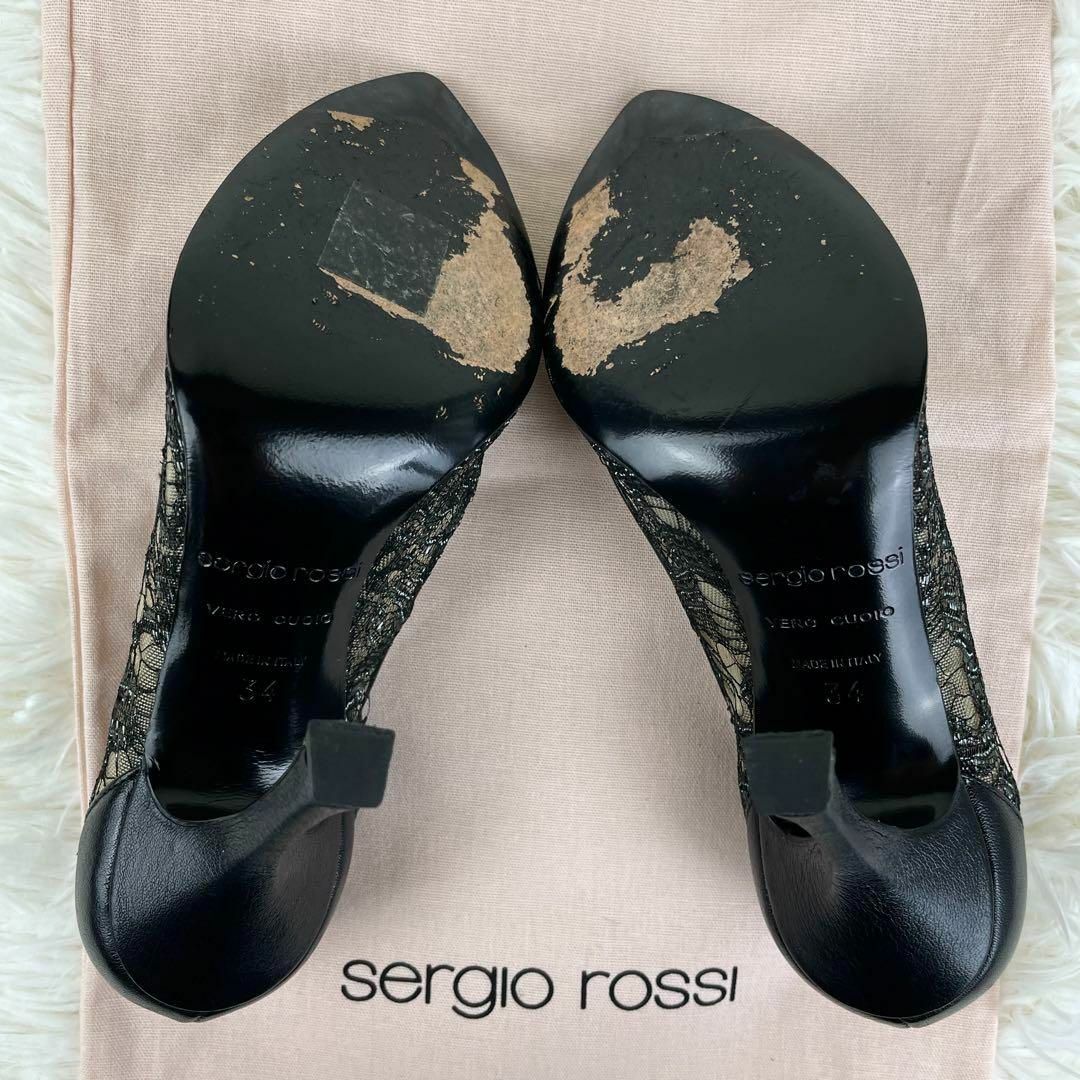 Sergio Rossi(セルジオロッシ)の美品☆セルジオロッシ レース レザー ポインテッドトゥ パンプス ブラック 34 レディースの靴/シューズ(ハイヒール/パンプス)の商品写真