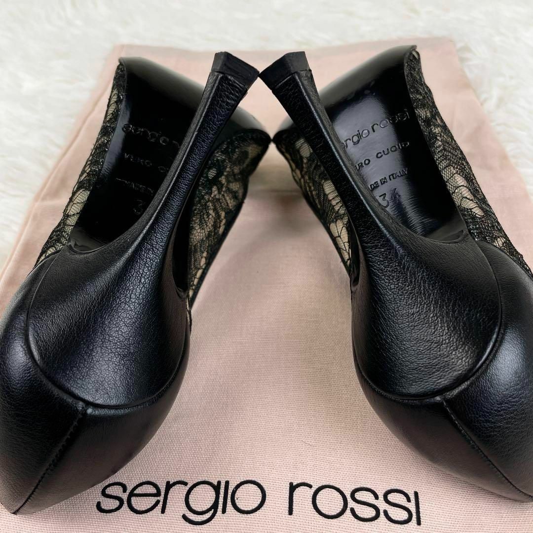 Sergio Rossi(セルジオロッシ)の美品☆セルジオロッシ レース レザー ポインテッドトゥ パンプス ブラック 34 レディースの靴/シューズ(ハイヒール/パンプス)の商品写真