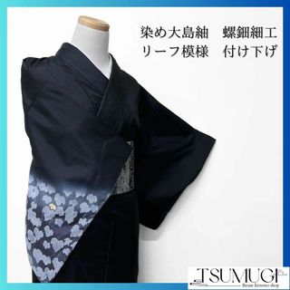 染め大島紬　螺鈿細工　銀駒刺繍　リーフ模様　付け下げ　着物　041w(その他)