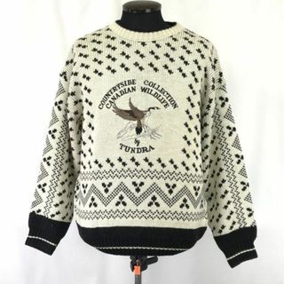 Vintage★ツンドラ/TUNDRA CANADA★カナダ/鳥刺繍/デザインニット/厚手セーター【men's-M（日本L相当)白×黒/総柄】Tops/sweater◆cBH557 #BUZZBERG(ニット/セーター)