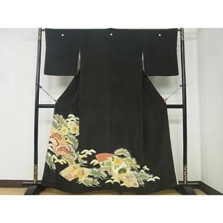 平和屋2■セミアンティーク　黒留袖　駒刺繍　地紙草花文　金彩　逸品　DAAA1689du(着物)