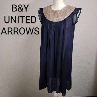 ビューティアンドユースユナイテッドアローズ(BEAUTY&YOUTH UNITED ARROWS)の【美品】ビューティー&ユース　ノースリーブひざ丈ワンピース 綿　刺繍　ネイビー(ひざ丈ワンピース)