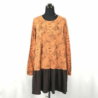 PESQUEIRA/ペスケイラ★長袖ワンピース【women’s size -M/オレンジ×茶/orange×brown/総柄】Made in Japan/Tops/Dress◆BG938 #BUZZBERG(ひざ丈ワンピース)