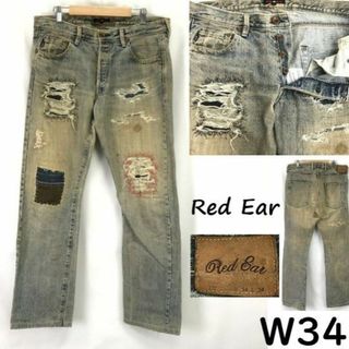 レッドイヤー/RED EAR★ド派手/ダメージリメイク加工/デニムパンツ【メンズW34L34/股下85cm】鹿革ラベル/Trouser◆cBH616-h #BUZZBERG(デニム/ジーンズ)