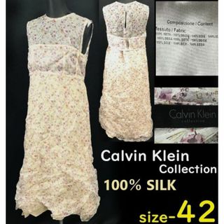 イタリア製★カルバンクライン/Calvin Klein★シルク100%/春夏ノースリーブワンピース【42/レディースLL/ピンク/pink】花柄/dress◆cBH648 #BUZZBERG(ひざ丈ワンピース)