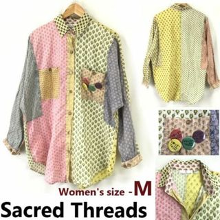 Sacred Threads★絶対注目！パッチワーク/長袖シャツ/ブラウス【レディースM（オーバーサイズ】缶バッジ装飾/Tops/Shirts◆cBH636-p #BUZZBERG(シャツ/ブラウス(長袖/七分))