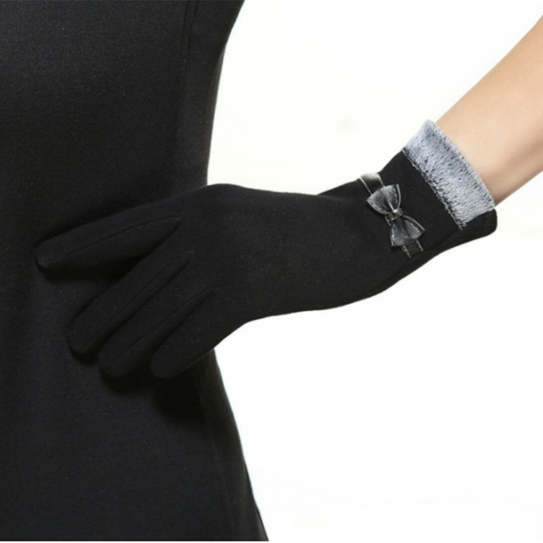 【数量限定】レディース 手袋 スマホ対応 リボン付き 裏起毛 ブラック レディースのファッション小物(手袋)の商品写真