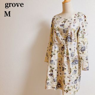 grove - grove グローブ　膝丈長袖花柄ワンピース　ベージュ系　Mサイズ