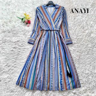 アナイ(ANAYI)の【未使用品】アナイ ロング丈 ワンピース カシュクール 総柄 ブルー S(ロングワンピース/マキシワンピース)