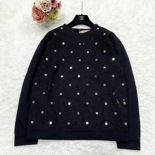 ヌメロヴェントゥーノ(N°21)の美品✨N°21 裏起毛スウェット 花柄レース×ミラー ブラック 38 M(トレーナー/スウェット)