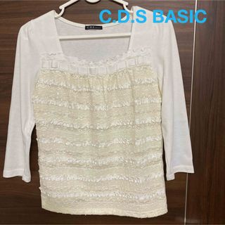 シーディーエスベーシック(C.D.S BASIC)のC.D.S BASIC カットソー　白色　Mサイズ　前レース仕様(カットソー(長袖/七分))