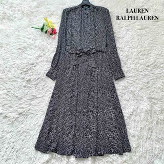 ラルフローレン(Ralph Lauren)の【美品】ローレンラルフローレン ロング丈 ワンピース 総柄 リボン ブラック M(ロングワンピース/マキシワンピース)