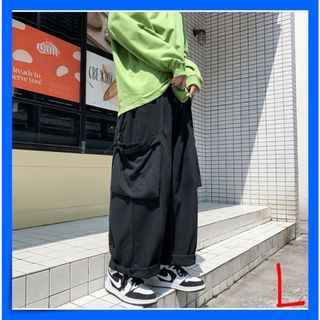 カーゴパンツ ワイド ボトムス ユニセックス メンズ 袴パンツ ダボ 黒 L(ワークパンツ/カーゴパンツ)