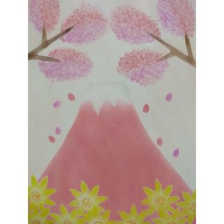 パステル画　パステルアート　　桜と富士山の絵(その他)