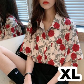 36【大人気】花柄 総柄春夏シャツ ブラウス 半袖 レディース XL LL(シャツ/ブラウス(半袖/袖なし))