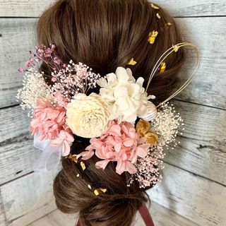 髪飾りドライフラワー成人式ヘッドドレス結婚式ヘアパーツ袴☆金箔シート☆ピンク(ヘアピン)