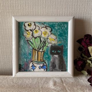 絵画。原画【黒猫は花瓶に咲いている美しいランが大好き】(絵画/タペストリー)