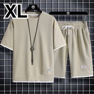 セットアップ　半袖　XL 部屋着　パジャマ　スポーツ　ジャージ　ベージュ(Tシャツ/カットソー(半袖/袖なし))