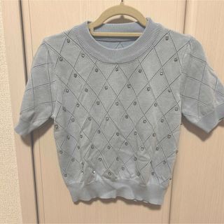 シーイン(SHEIN)のラインストーンパフスリーブ ニットトップス(ニット/セーター)