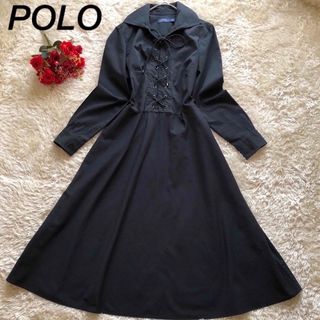 ポロラルフローレン(POLO RALPH LAUREN)のPOLO RALPH LAUREN ♪ロングシャツワンピース　黒　M リボン(ロングワンピース/マキシワンピース)