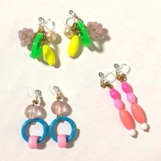 イヤリング ハンドメイド ノンホールピアス 3個セット アクセサリー【匿名配送】(イヤリング)