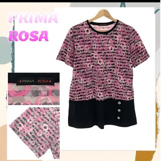 PRIMA ROSA トップス Tシャツ カットソー 切り替えデザイン 総柄(Tシャツ/カットソー(半袖/袖なし))