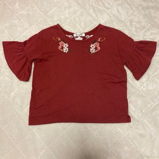 刺繍柄・袖フリルカットソー　ワイン色Mサイズ(Tシャツ(半袖/袖なし))