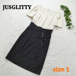 JUSGLITTY アシメリボンハイウエストワンピース ひざ丈 バイカラー 1