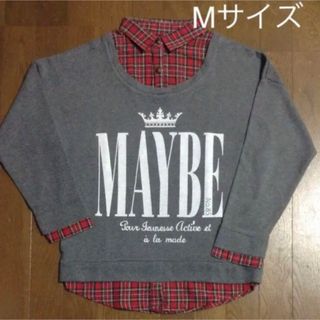 Mサイズ　重ね着風長袖シャツ　グレー×赤チェック(カットソー(長袖/七分))