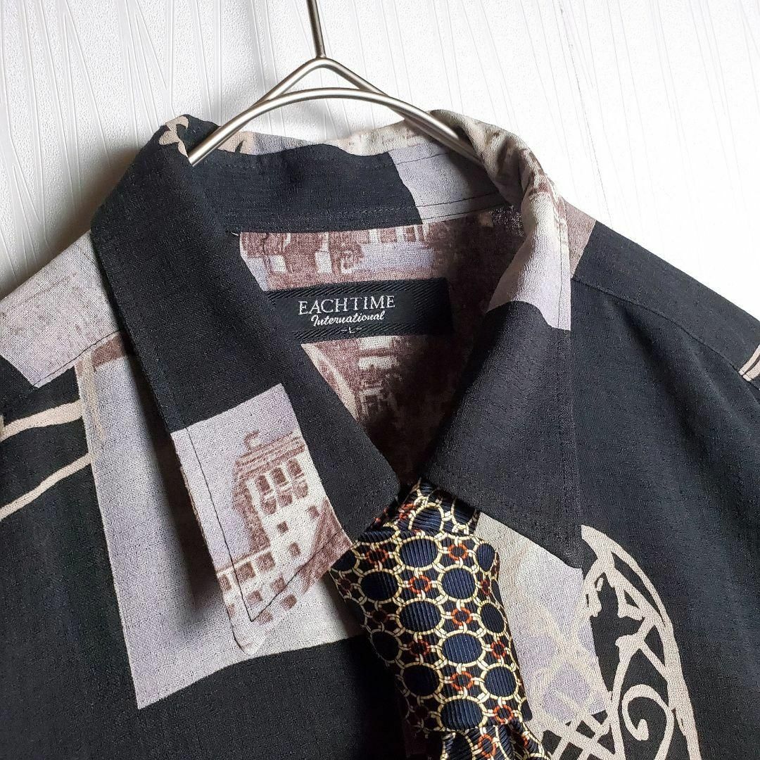 VINTAGE(ヴィンテージ)のネクタイシャツ 総柄 ダークカラー 半袖 シースルー L 黒 ビンテージ 古着 メンズのトップス(シャツ)の商品写真