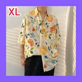 メンズ シャツ 半袖 XL 浅黄色 プリント フルーツ 植物 