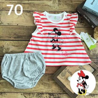 Disney - 【70】ミニー ノースリーブ ボーダーブルマ付き ビブスーツ 赤