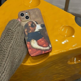 【大人気】iPhone15Pro　スマホ　ケース　韓国　ブラウン　油絵　犬　茶色(iPhoneケース)