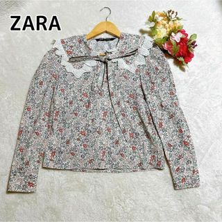 ザラ(ZARA)のZARA レトロ花柄 フラワー リボン ブラウス シャツ レース 刺繍 ビッグ襟(シャツ/ブラウス(長袖/七分))