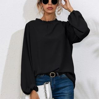 SHEIN - シーイン　 ブラック フリルネックブラウス　L