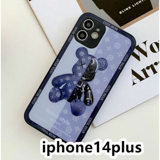 iphone14plusケース　熊　ガラス 耐衝撃ブルー126(iPhoneケース)