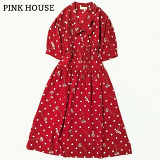 ピンクハウス(PINK HOUSE)の極美品 ピンクハウス ロングワンピース Aライン 花柄 ボウタイ リボン F 赤(ロングワンピース/マキシワンピース)