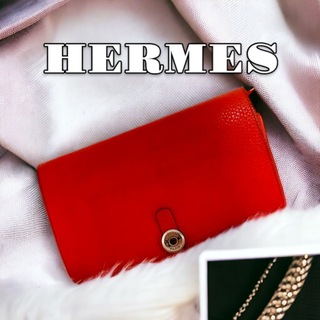 エルメス(Hermes)の【エルメス】ドゴンGM レッド トゴ レザー 二つ折り 長財布 人気 希少 48(財布)