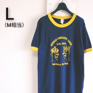 ヴィンテージ(VINTAGE)の80s　90s ビンテージ　リンガーTシャツ　ネイビー　イエロー　M相当(Tシャツ/カットソー(半袖/袖なし))