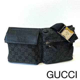 グッチ(Gucci)の【極美品】グッチ  ウエストポーチ　ボディバッグ　GGキャンバス×レザー　黒(ウエストポーチ)