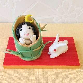 かぐや姫とうさぎ 人形 粘土 置物 ミニチュア フィギア ハンドメイド(インテリア雑貨)