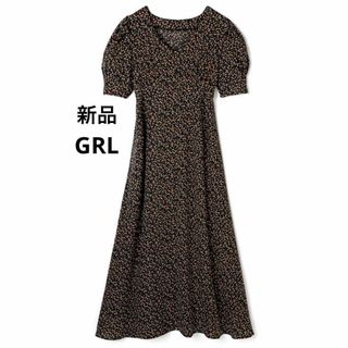 グレイル(GRL)の新品 GRL 花柄ボリュームスリーブバックレースアップロングワンピース 黒色(ロングワンピース/マキシワンピース)